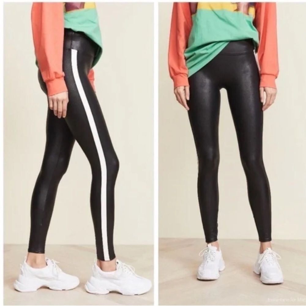 Spanx | Faux Leather Black Leggings With White Side Stripe High Rise M